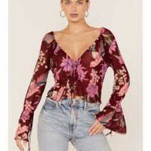 Free People Of Paradise Mesh Floral Top XS NWT Sheer Boho Layering